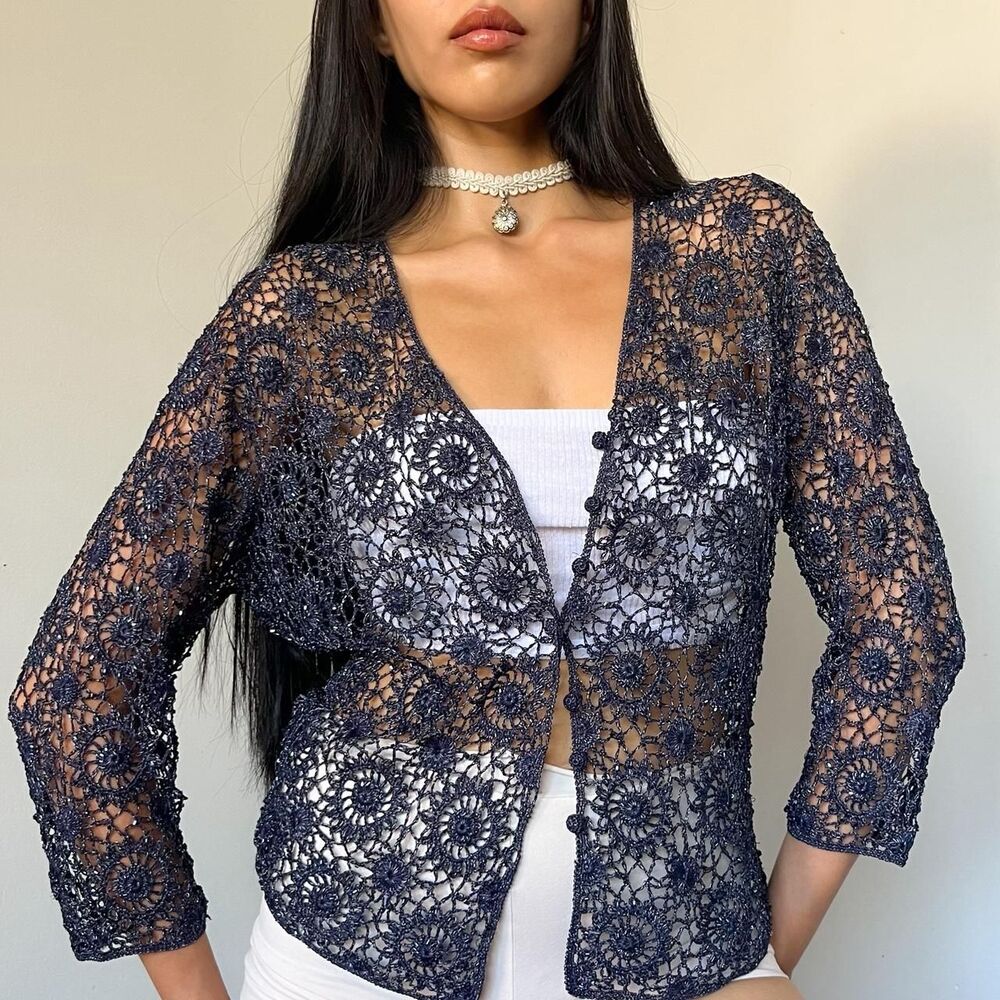 Y2K vintage indigo navy blue beaded sparkly crochet beaded cardigan